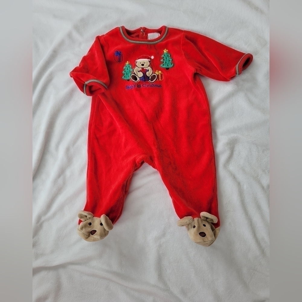 Bright Future VTG red crushed velvet "Baby's 1st Christmas" footed pajamas 3-6m
